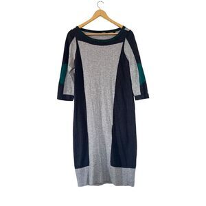 Mexx Grey Green Color Block 3/4 Sleeves Midi Wool Cotton Blend Sweater Dress